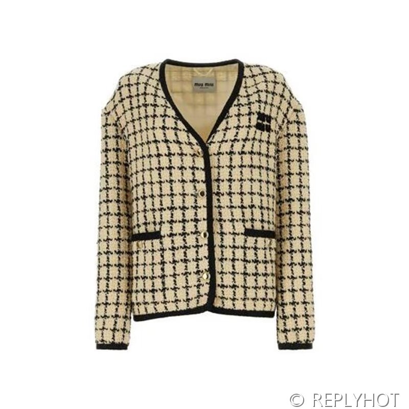 미우미우 브이넥 레트로 체크 울 소프트 트위드 재킷 [매장가 400만원대]