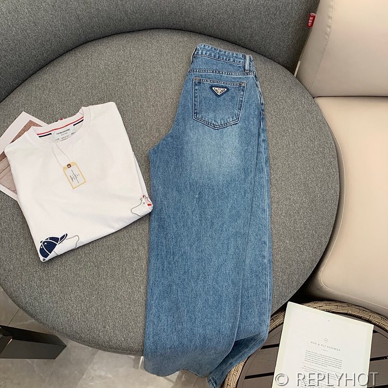 프라다 트라이앵글로고 워싱 스트레이트 진