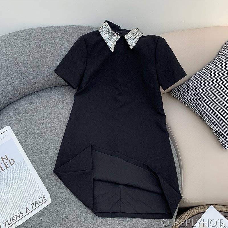 발렌티노 크리스탈 비즈 라펠 카라 원피스