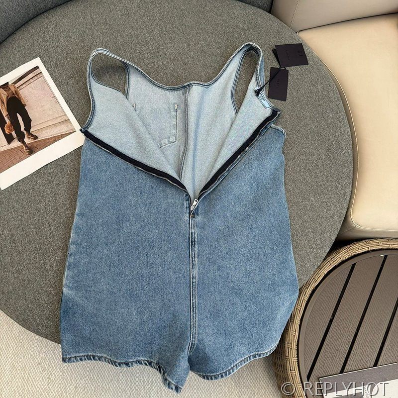 프라다 서스펜더 데님 숏 슈트