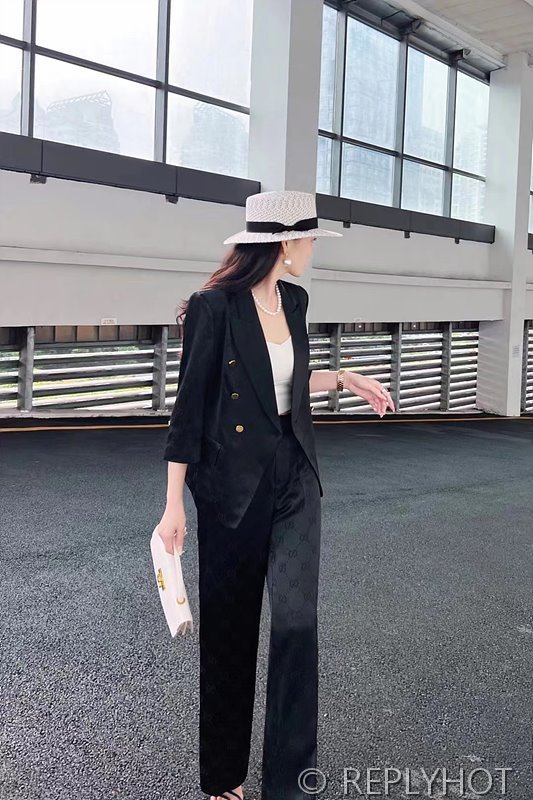 구찌 더블 G 프린트 아세테이트 패브릭 7부 소매 블레이저 슈트 세트