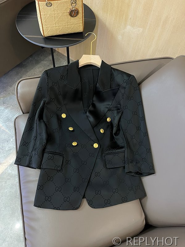 구찌 더블 G 프린트 아세테이트 패브릭 7부 소매 블레이저 슈트 세트