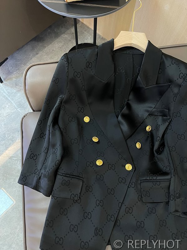 구찌 더블 G 프린트 아세테이트 패브릭 7부 소매 블레이저 슈트 세트