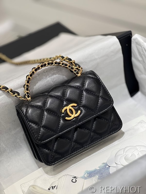 [하이엔드급] 샤넬 탑핸들 체인 달린 미니백 램스킨 골드메탈 블랙 [매장가 450만원대]