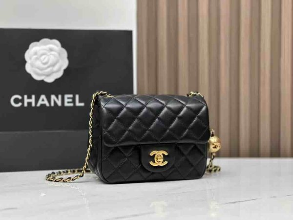 Chanel 22S Gold Ball CF Square Mini Black GHW 17cm