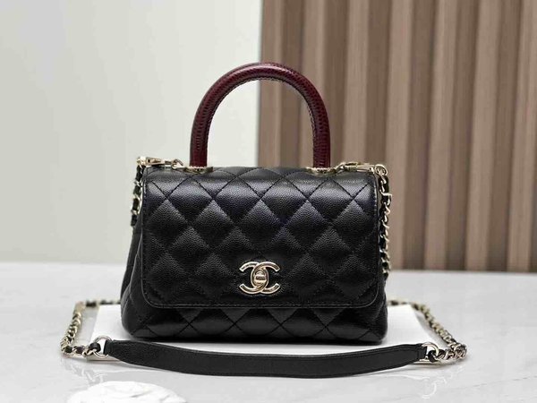 Chanel Coco Handle Mini Black with Burgundy Lizard Handle 19cm