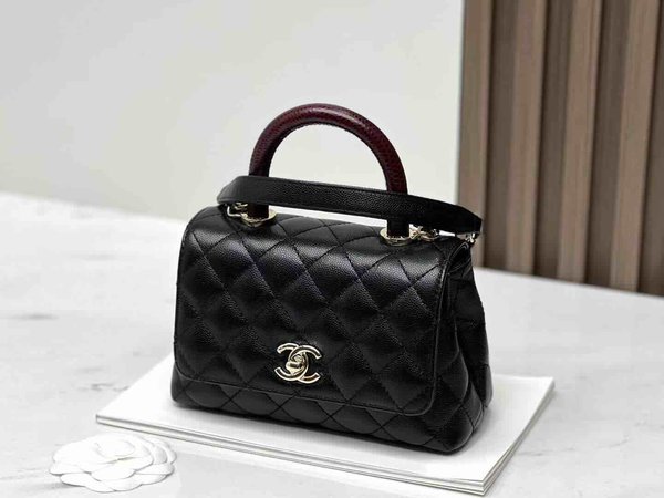 Chanel Coco Handle Mini Black with Burgundy Lizard Handle 19cm