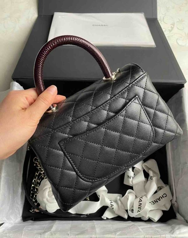 Chanel Coco Handle Small Black with Burgundy Lizard Handle 24cm