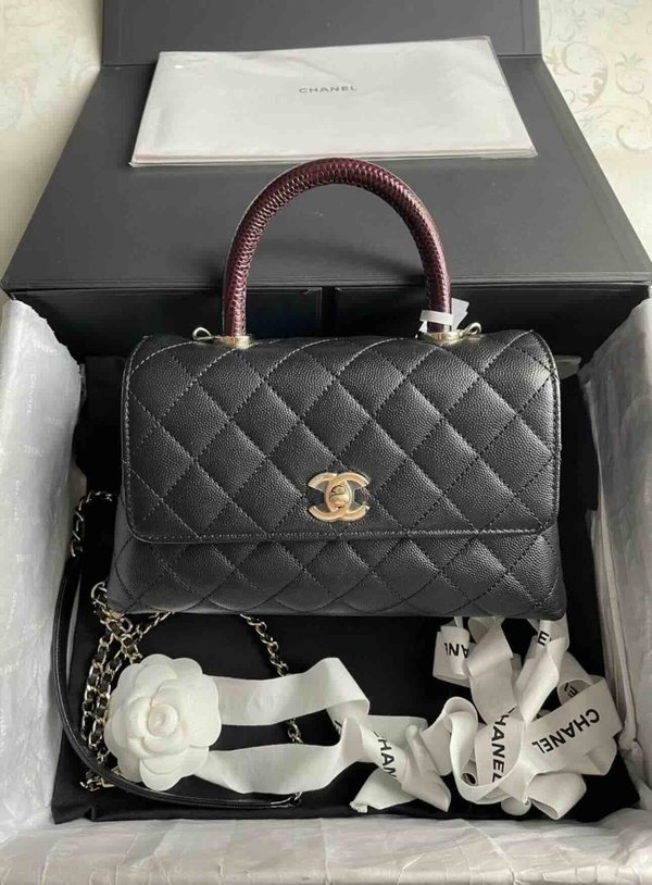 Chanel Coco Handle Small Black with Burgundy Lizard Handle 24cm