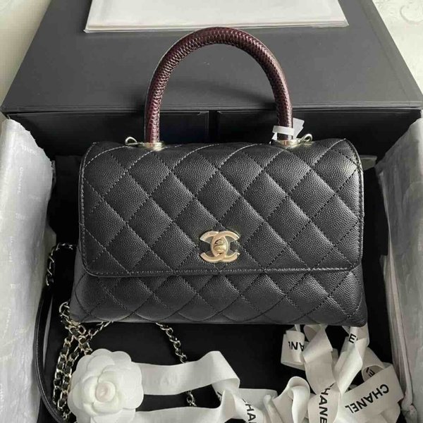 Chanel Coco Handle Small Black with Burgundy Lizard Handle 24cm