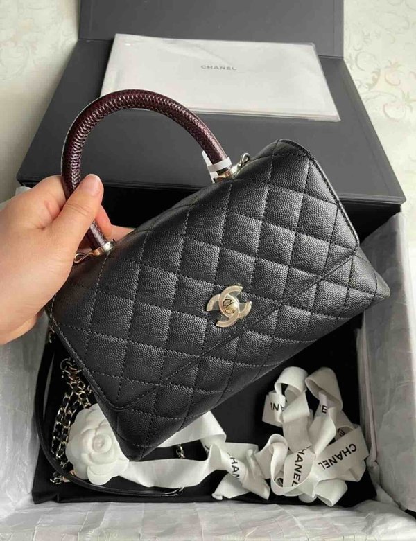 Chanel Coco Handle Small Black with Burgundy Lizard Handle 24cm