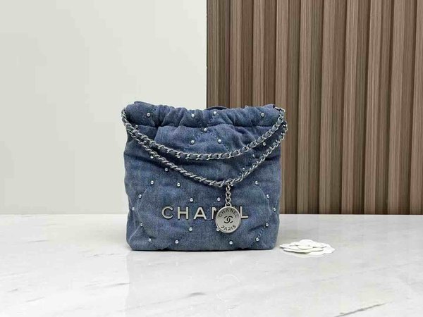 Chanel Mini Chanel 22 Studded Denim Blue SHW
