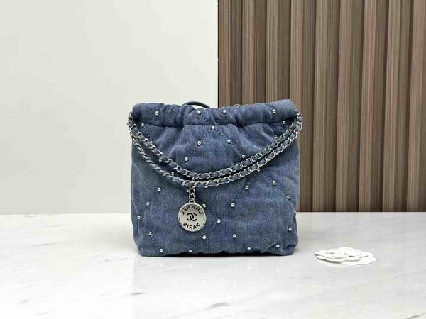 Chanel Mini Chanel 22 Studded Denim Blue SHW