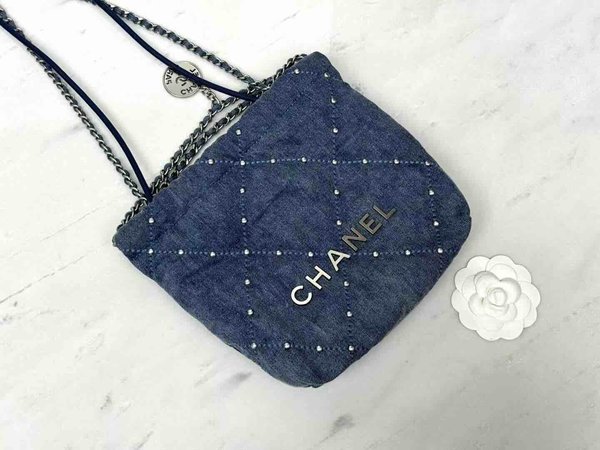 Chanel Mini Chanel 22 Studded Denim Blue SHW