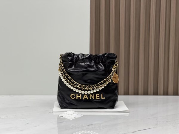 CHANEL 23S Mini 22 Bag – Pearl Black with Gold Hardware (20x19x6cm)