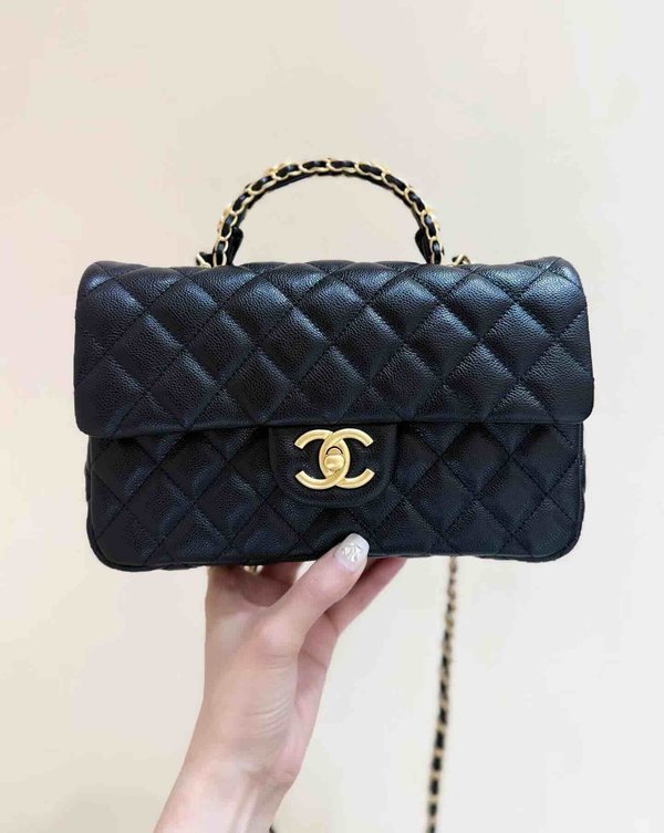 Chanel 25B Small Top Handle Bag Black Grained Calfskin GHW 22.5cm