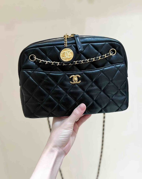Chanel 24K Coin Camera Bag Black Goatskin 24cm
