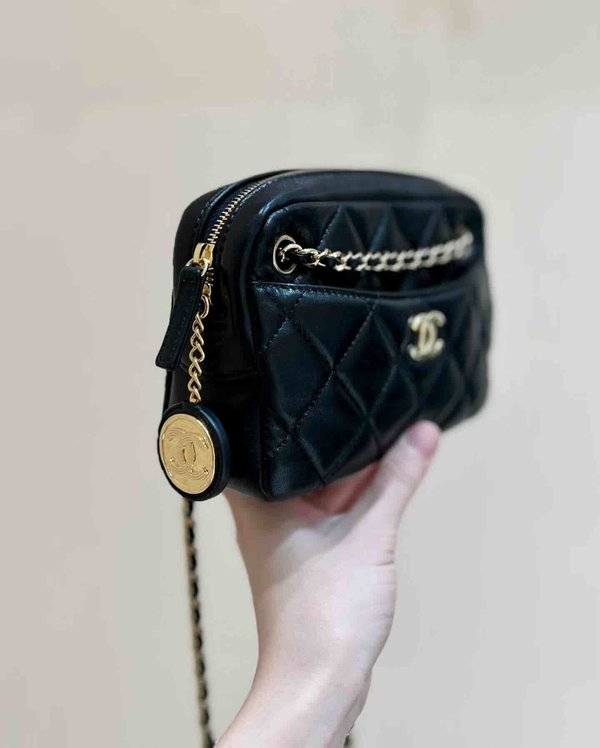 Chanel 24K Coin Camera Bag Black Goatskin 18cm