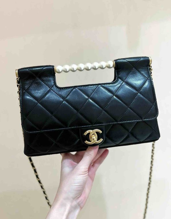 Chanel 25P Pearl Handle Bag Black Lambskin 25cm
