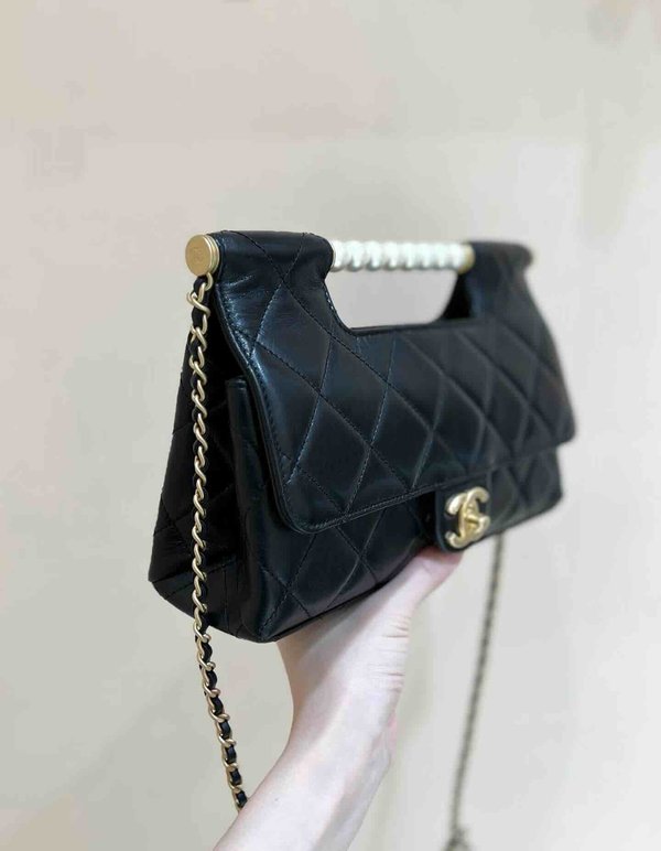 Chanel 25P Pearl Handle Bag Black Lambskin 25cm