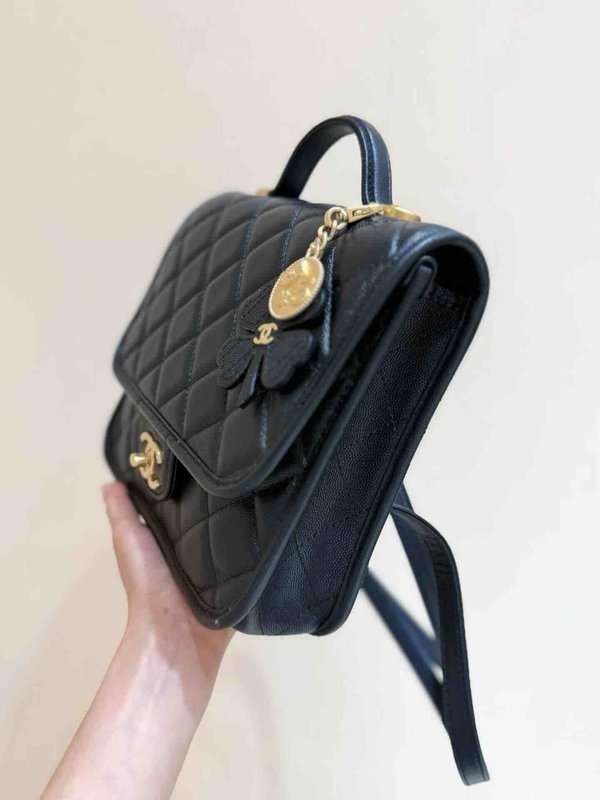 Chanel 25B Coin Clover Backpack Black Grained Calfskin GHW 22cm