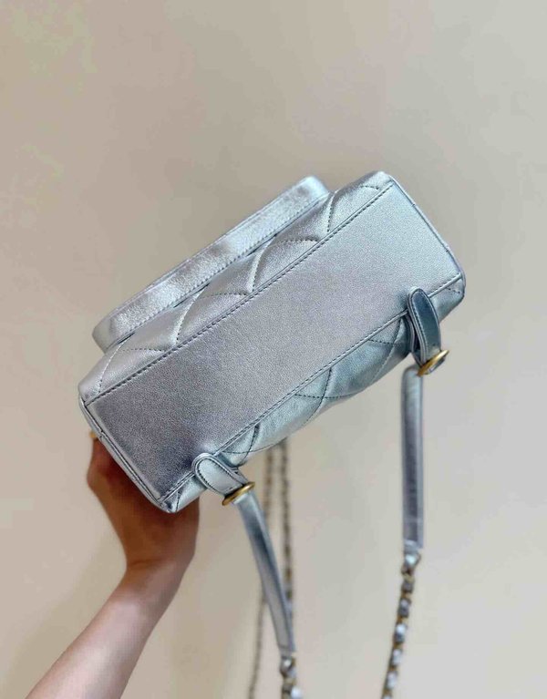 Chanel 25K Silver Backpack Calfskin 22.5cm