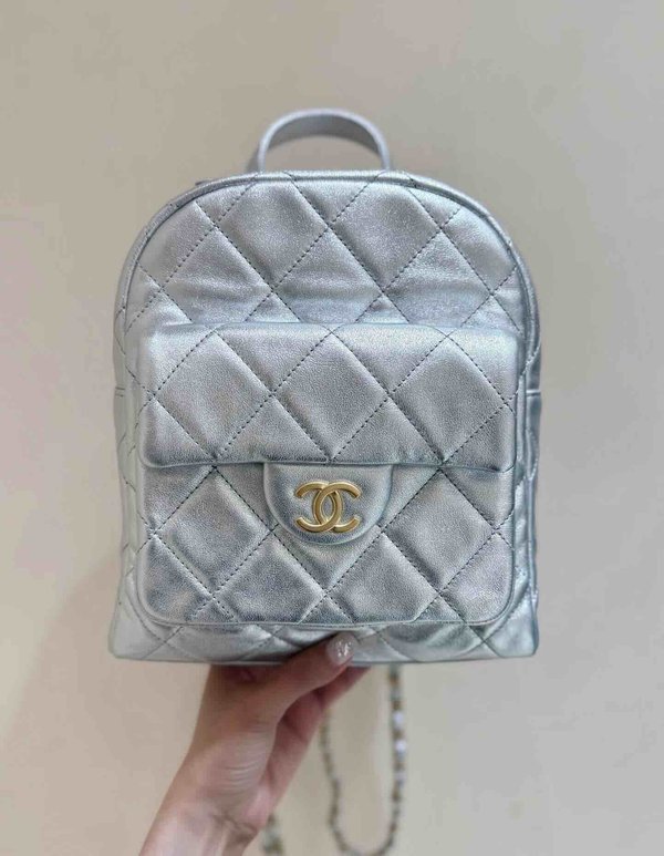 Chanel 25K Silver Backpack Calfskin 22.5cm