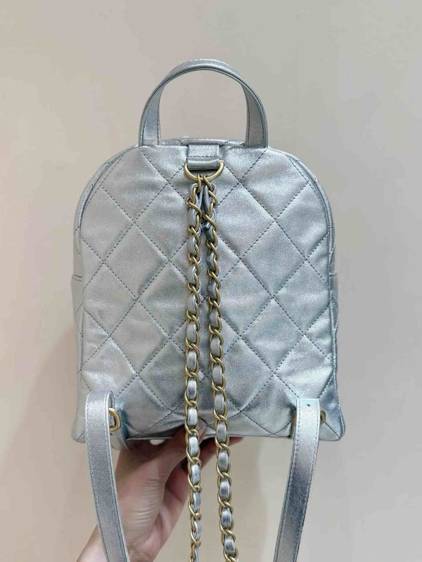 Chanel 25K Silver Backpack Calfskin 22.5cm
