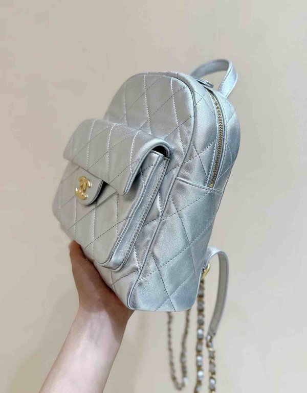 Chanel 25K Silver Backpack Calfskin 22.5cm