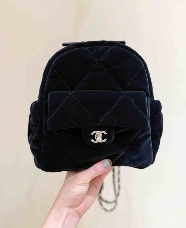 Chanel 25N Coco Neige Velvet Nylon Backpack Black GHW 25cm