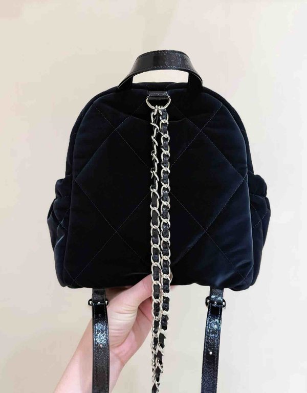 Chanel 25N Coco Neige Velvet Nylon Backpack Black GHW 25cm