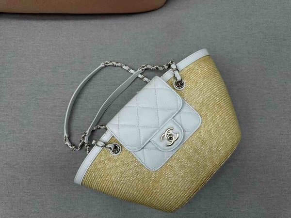 Chanel Raffia Shopping Tote Lambskin Trim GHW 41cm