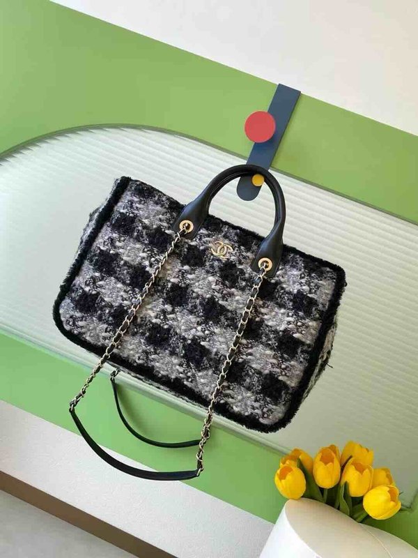 Chanel 25N Coco Neige Tweed Top Handle Bag Black Grey Tweed GHW 33cm