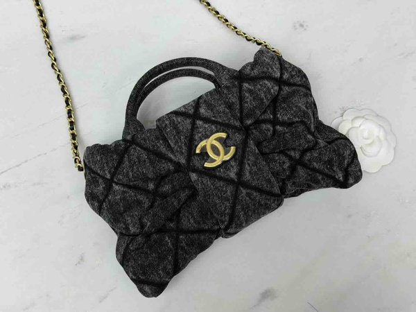 Chanel 25K Bow Bag Washed Denim Small Black 26cm