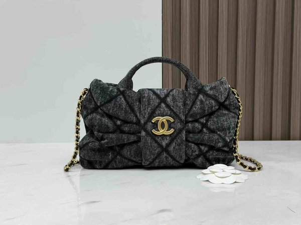 Chanel 25K Bow Bag Washed Denim Small Black 26cm