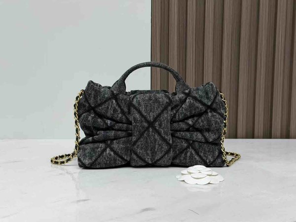 Chanel 25K Bow Bag Washed Denim Small Black 26cm