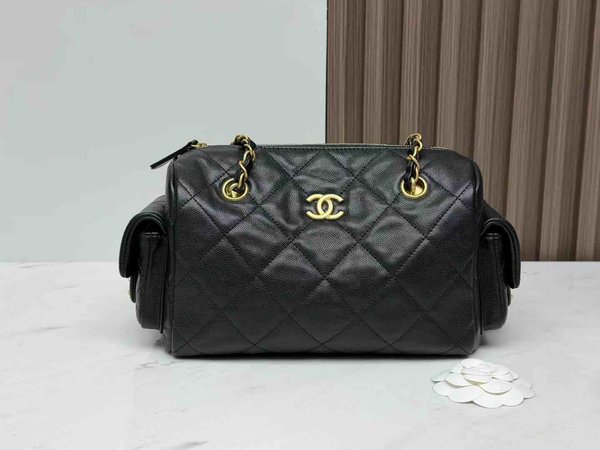 Chanel 25K Double Pocket Bowling Bag Black 24cm