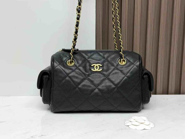 Chanel 25K Double Pocket Bowling Bag Black 24cm