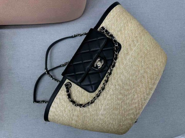 Chanel Raffia Shopping Tote Lambskin Trim GHW 54cm