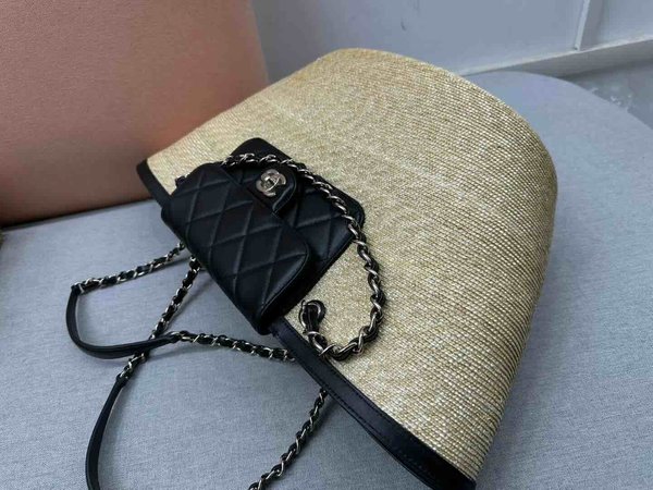 Chanel Raffia Shopping Tote Lambskin Trim GHW 54cm