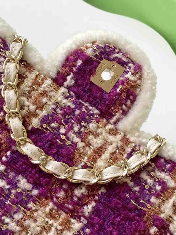 Chanel 25N Coco Neige Tweed Classic Flap Bag Purple Red Tweed GHW 33cm