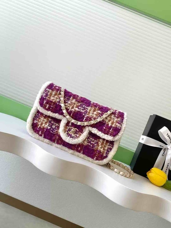 Chanel 25N Coco Neige Tweed Classic Flap Bag Purple Red Tweed GHW 33cm