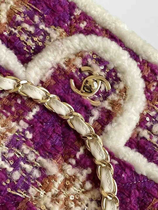 Chanel 25N Coco Neige Tweed Classic Flap Bag Purple Red Tweed GHW 33cm