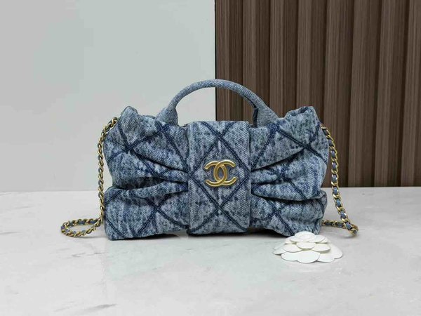 Chanel 25K Bow Bag Washed Denim Small Blue 26cm