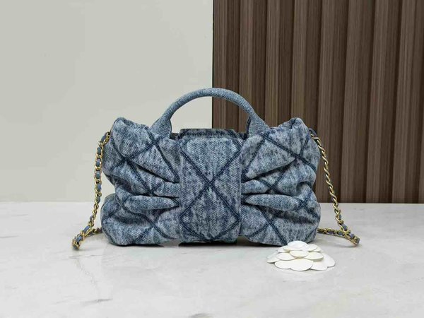 Chanel 25K Bow Bag Washed Denim Small Blue 26cm