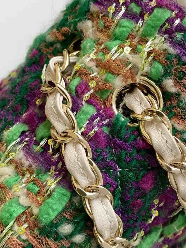 Chanel 25N Coco Neige Tweed Classic Flap Bag Green Purple Gold Tweed GHW 26cm