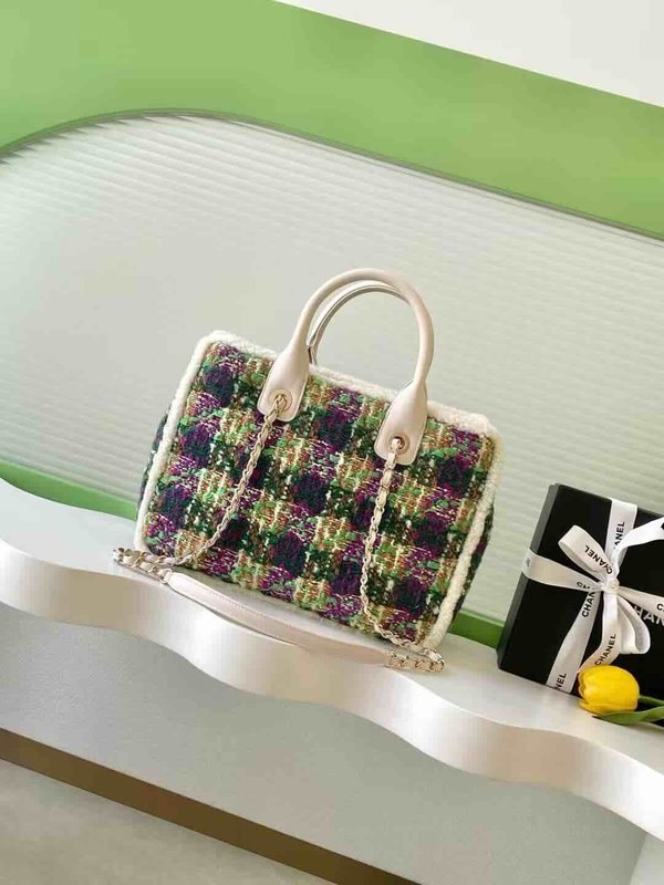 Chanel 25N Coco Neige Tweed Top Handle Bag Purple White Green Tweed GHW 39cm