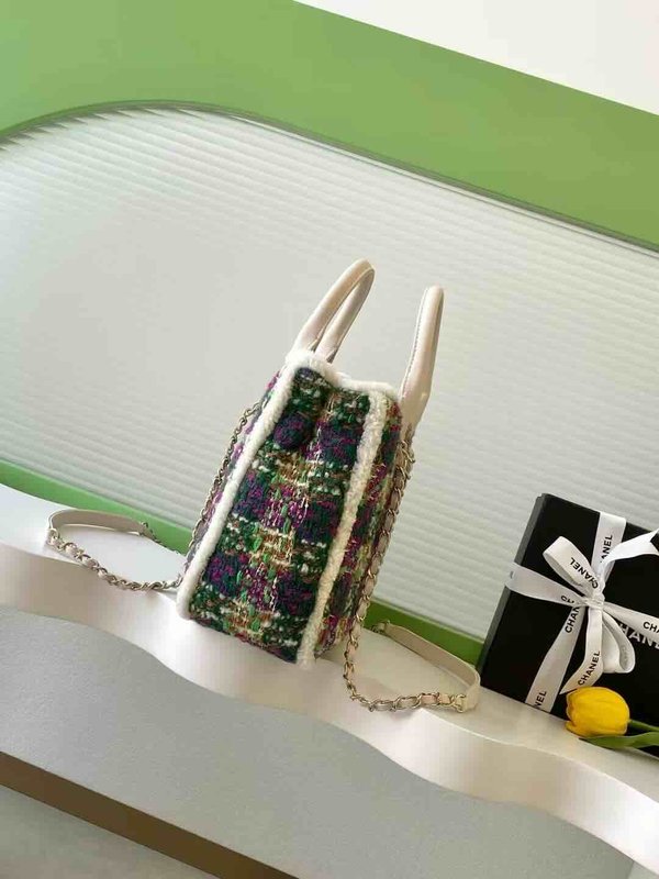 Chanel 25N Coco Neige Tweed Top Handle Bag Purple White Green Tweed GHW 39cm