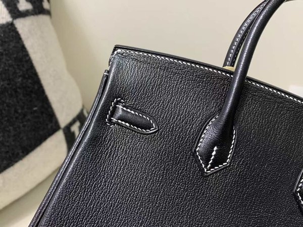 Hermès Birkin 25 Epsom Noir with White Stitch x Palladium Hardware
