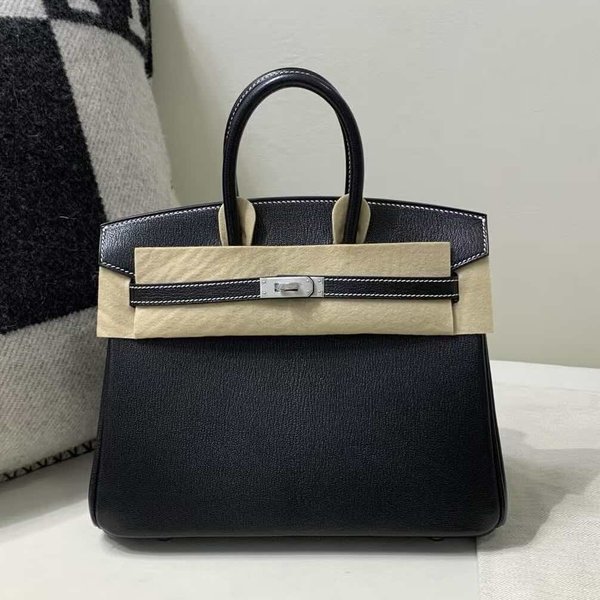 Hermès Birkin 25 Epsom Noir with White Stitch x Palladium Hardware